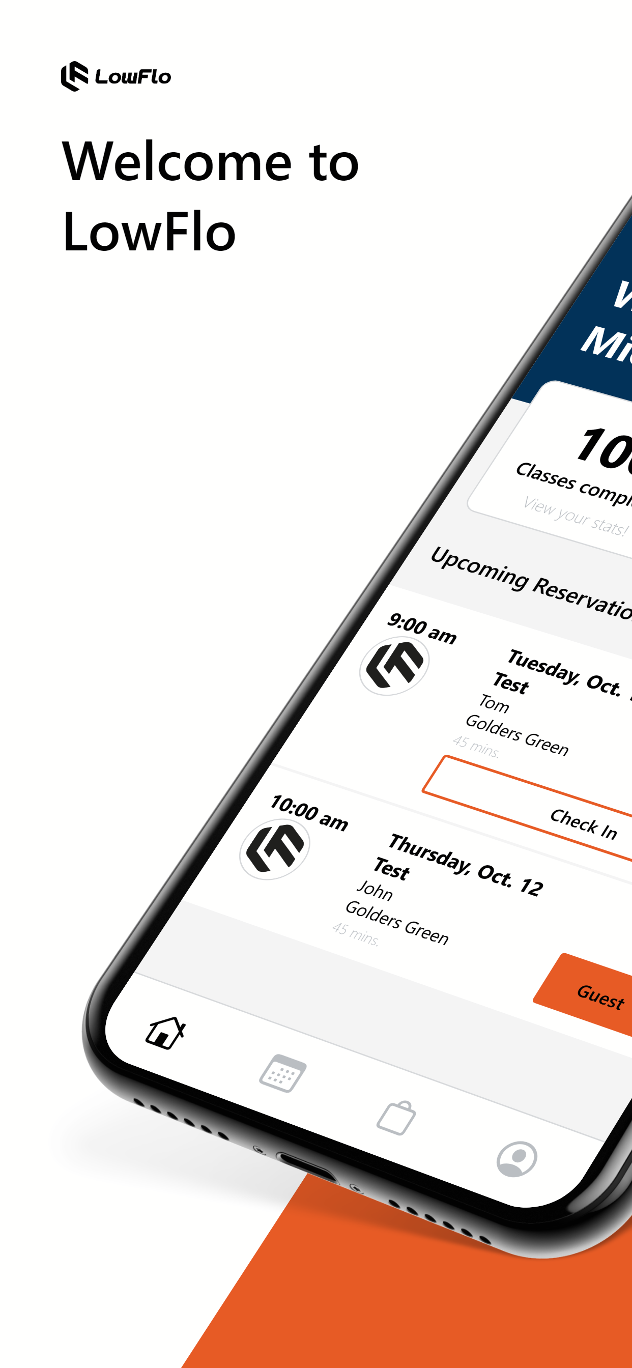 Welcome to LowFlo app screen showing upcoming reservations